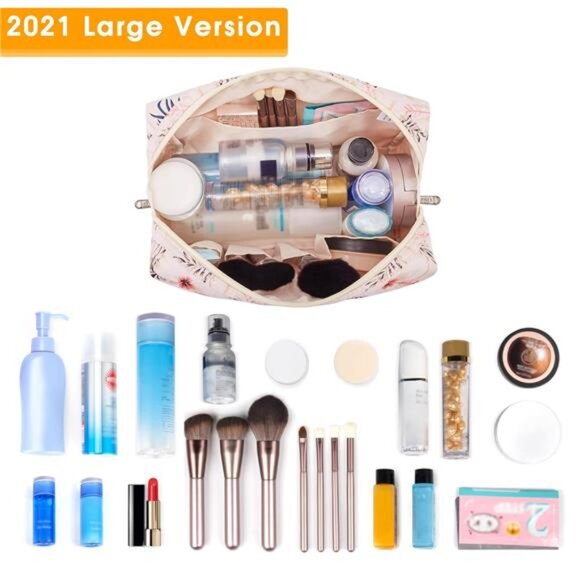 Large Makeup Bag – Beige Bird Zipper Pouch, Travel Cosmetic Organizer - Picture 3 of 7